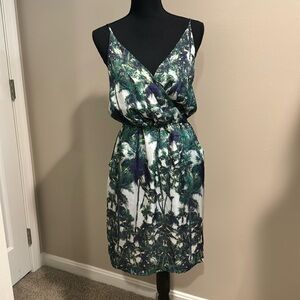 F21 V-Neck Surplice Cinched Tropical Palm Boho Chic Adjustable Strap Sun Dress